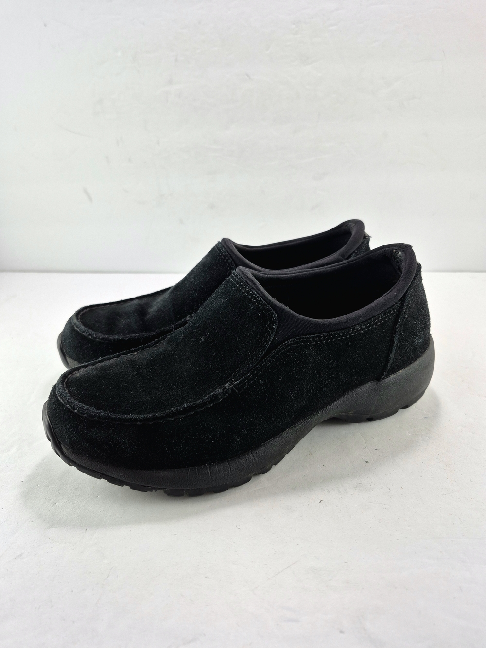 Lands' End All Weather Black Suede Slip On Moc Loafers Shoe Womenโs Size 7